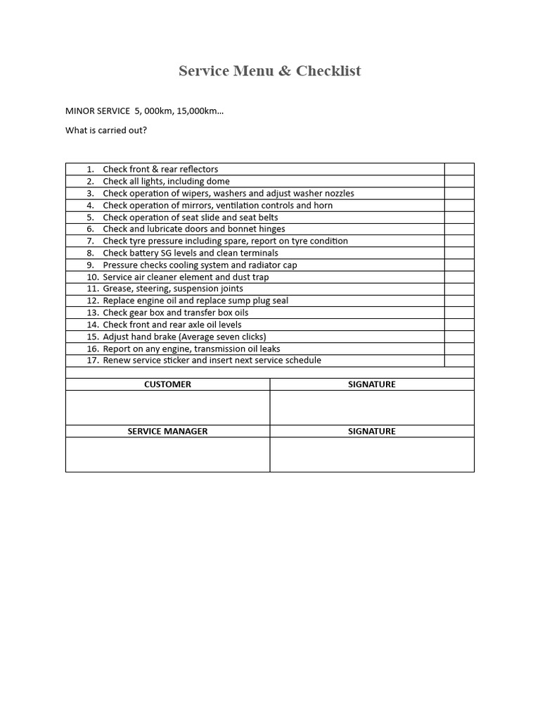 Comprehensive Minor Service Checklist | PDF | Technology & Engineering