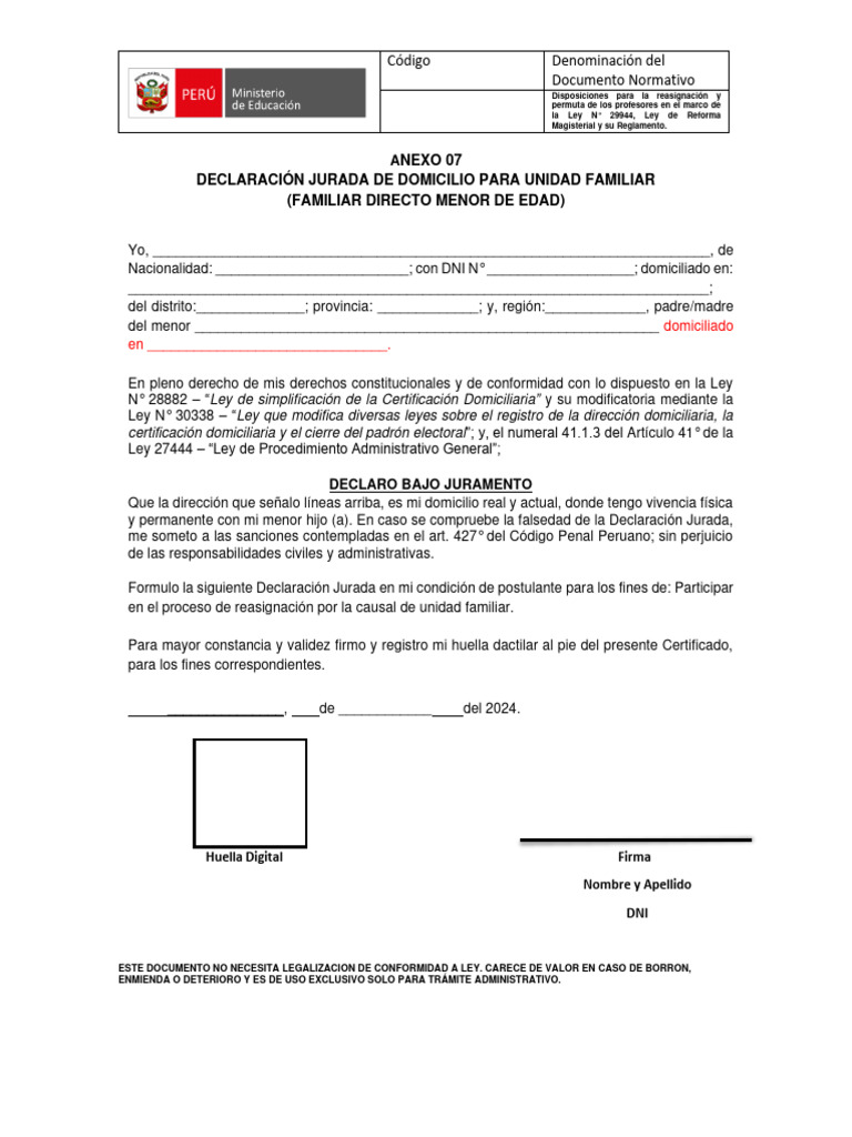 Declaración Jurada de Domicilio Familiar | PDF | Documento de identidad ...