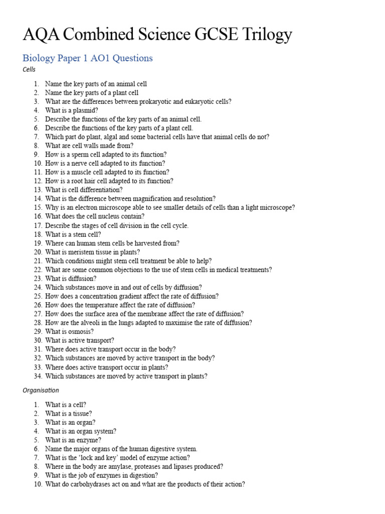 Biology Paper 1 Key Questions SLOP | PDF | Cell (Biology) | Cancer