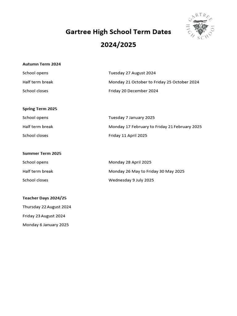 Gartree High School Term Dates 2024 2025 Website PDF