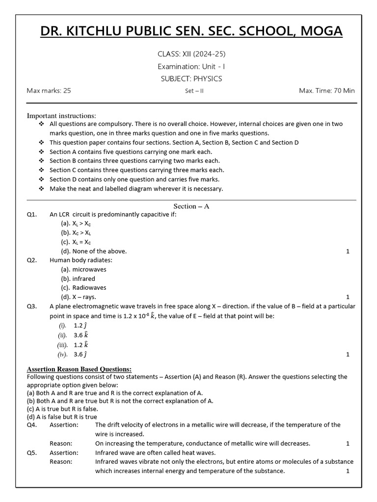 Physics Unit I Exam Class XII 2024-25 | PDF | Inductor | Electrical ...