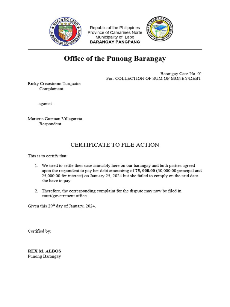 Certificate to file action PDF