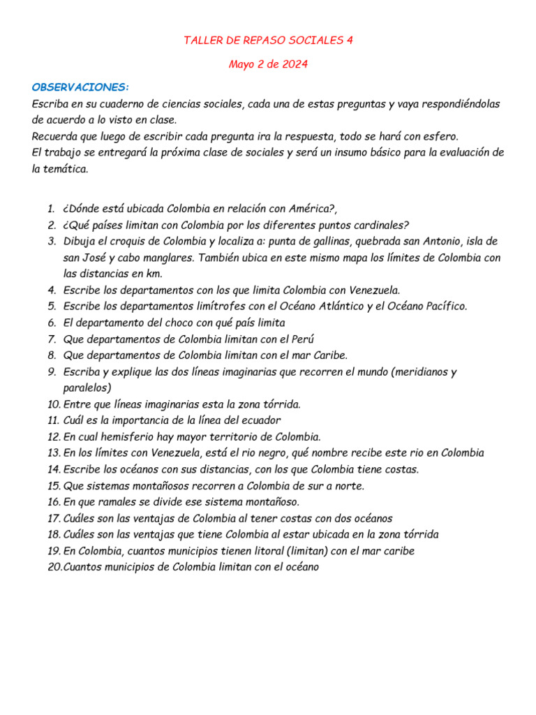 Taller de Repaso Sociales 4 | PDF | Estudios de idiomas extranjeros