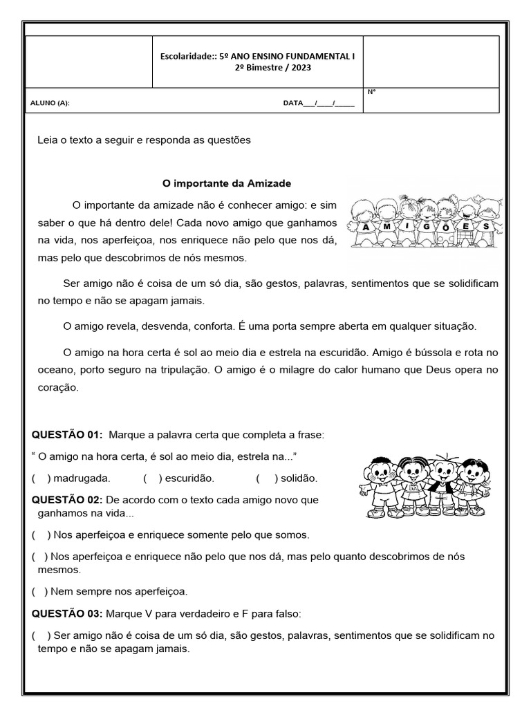Amizade: Atividades para 5º Ano | PDF | Amizade
