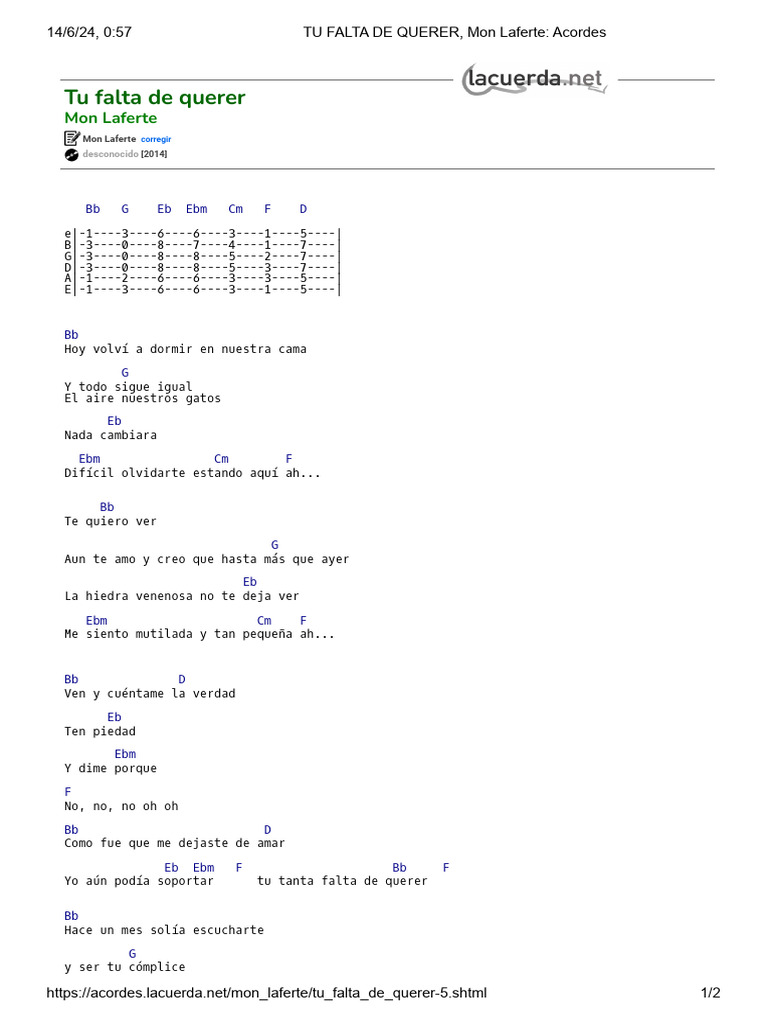 TU FALTA DE QUERER, Mon Laferte - Acordes | PDF