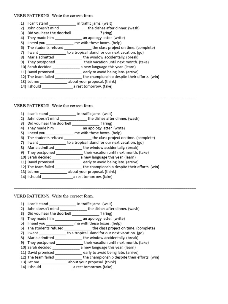 Verb Patterns Exercise Pdf