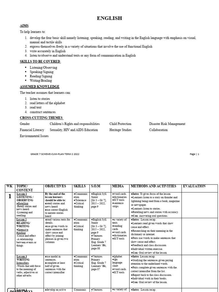 Grade 7 Scheme Term 2 2022 | PDF | Reading Comprehension | English Language