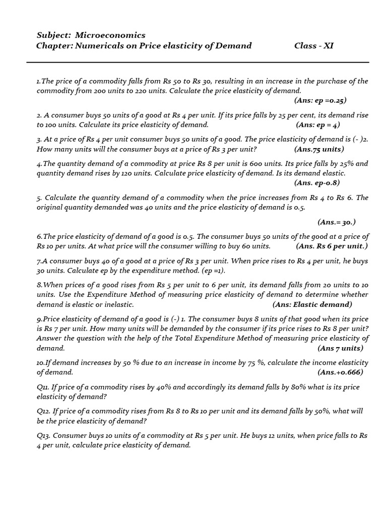 Price Elasticity of Demand Numericals | PDF | Demand | Elasticity ...
