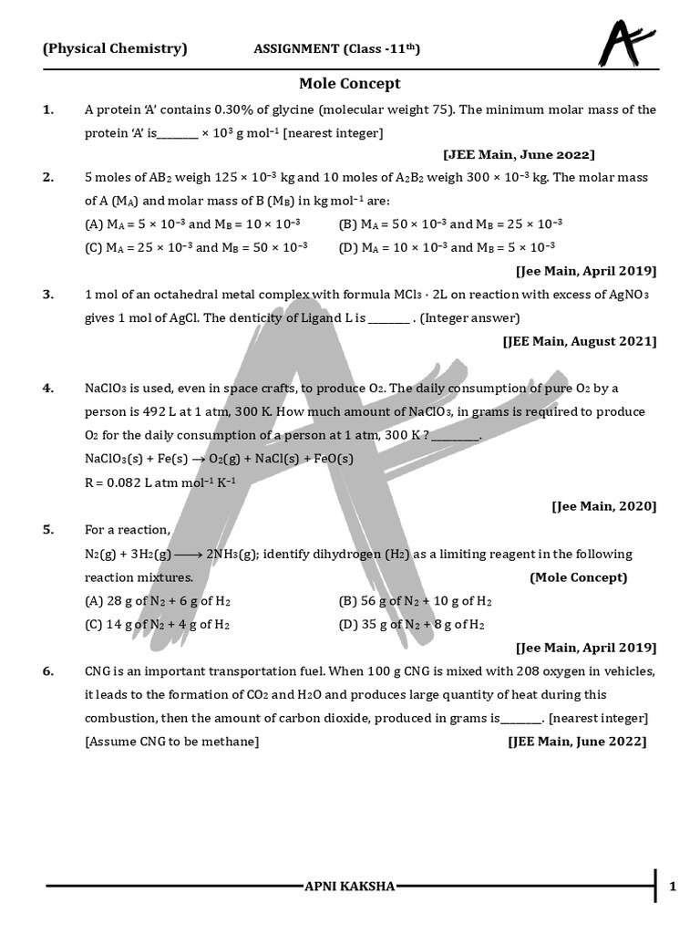 JEE Main Mole Concept Assignment | PDF | Mole (Unit) | Concentration
