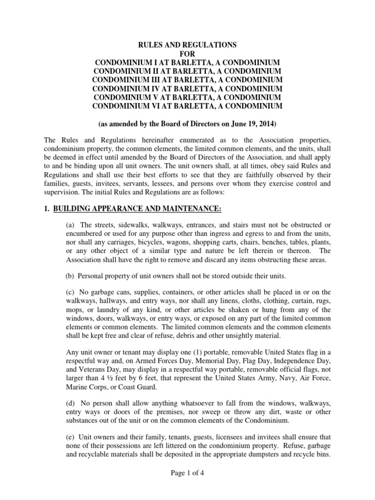 Barletta Condominium Rules and Regulations | PDF | Leasehold Estate | Lease