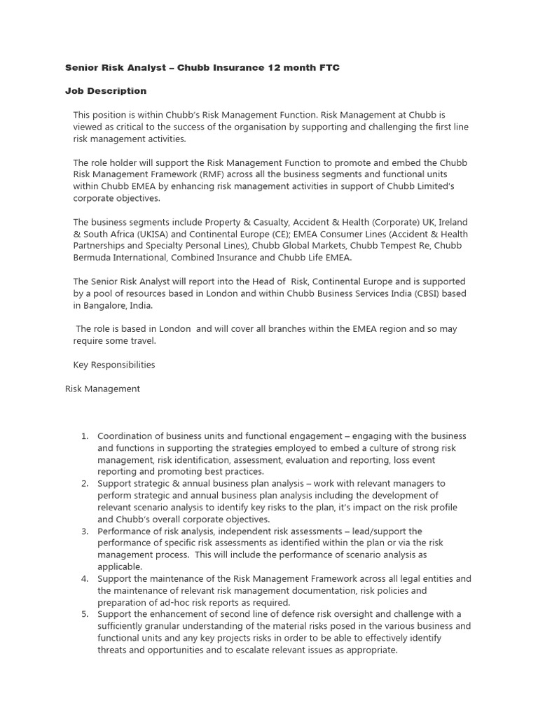 Senior Risk Analyst Role at Chubb Insurance | PDF | Risk Management | Risk