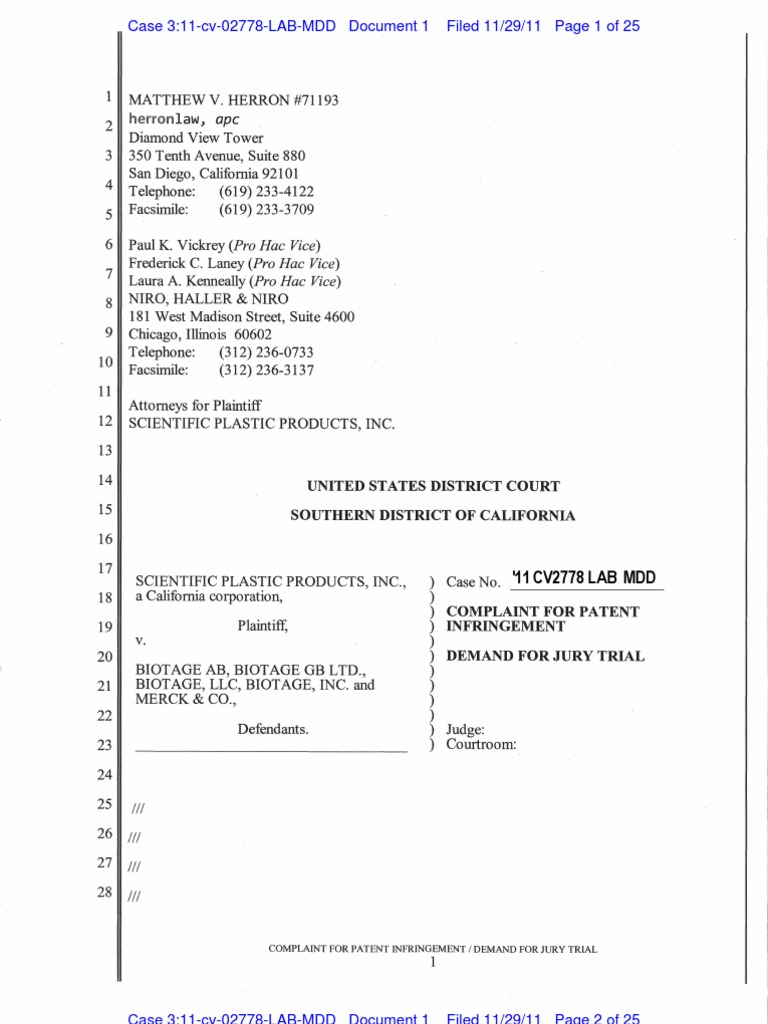Scientific Plastic Products v. Biotage AB Et. Al. PDF Complaint