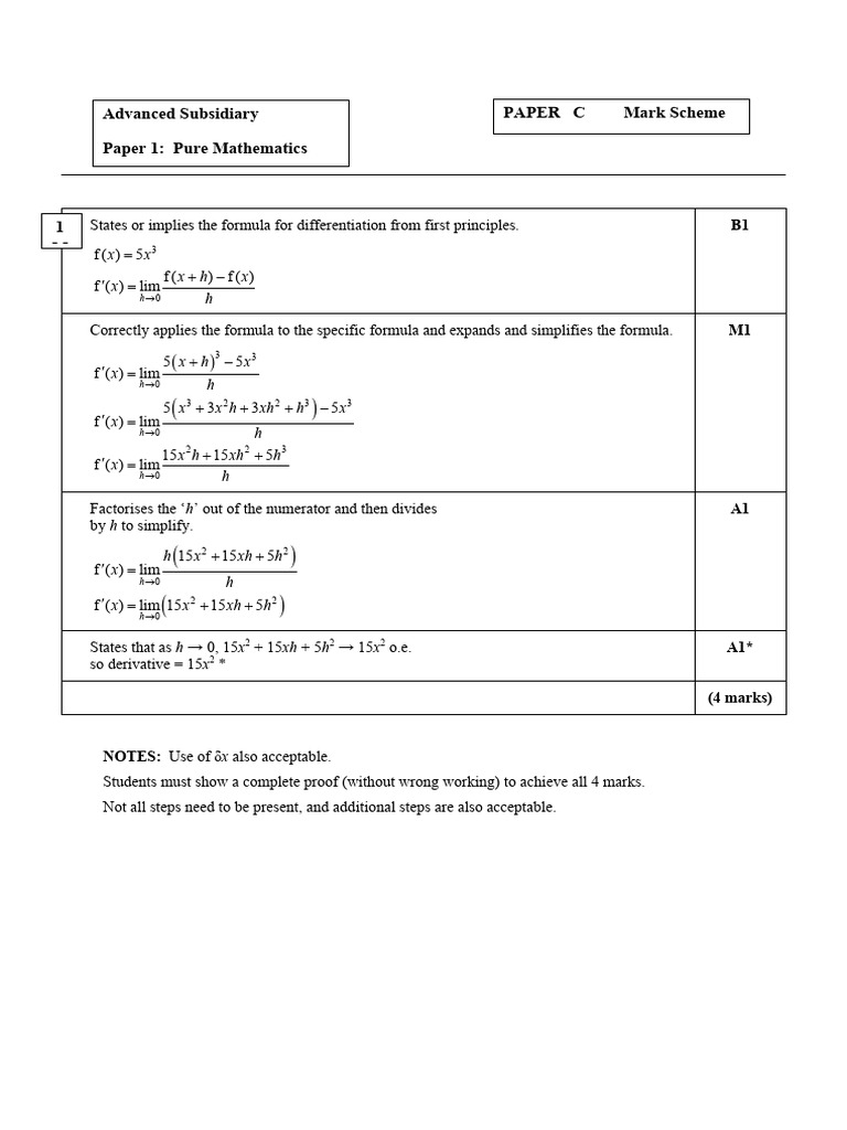 06 As Pure Mathematics Practice Paper C Mark Scheme | PDF | Quadratic ...