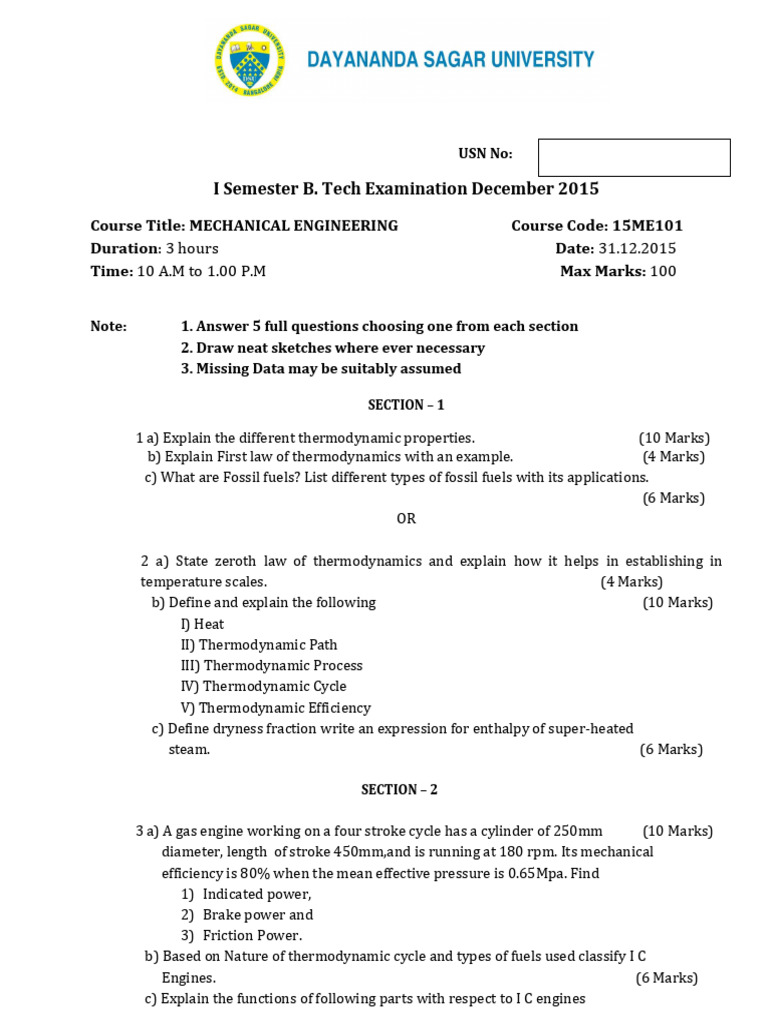 Mechanical Engineering Exam December 2015 | PDF | Fluid Dynamics ...