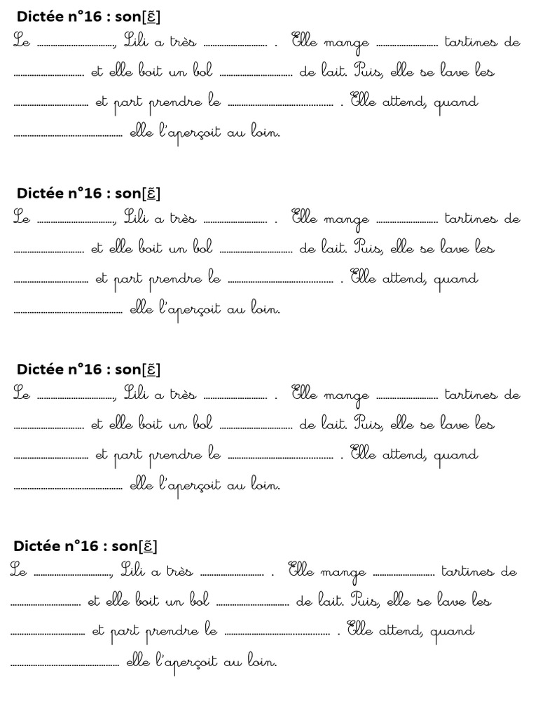 Dictée n°16 : son [ɛ̃] pour Lili | PDF