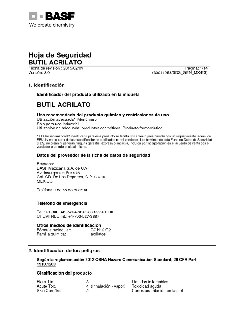 Hoja de Seguridad: Butil Acrilato | PDF | Agua | Peróxido