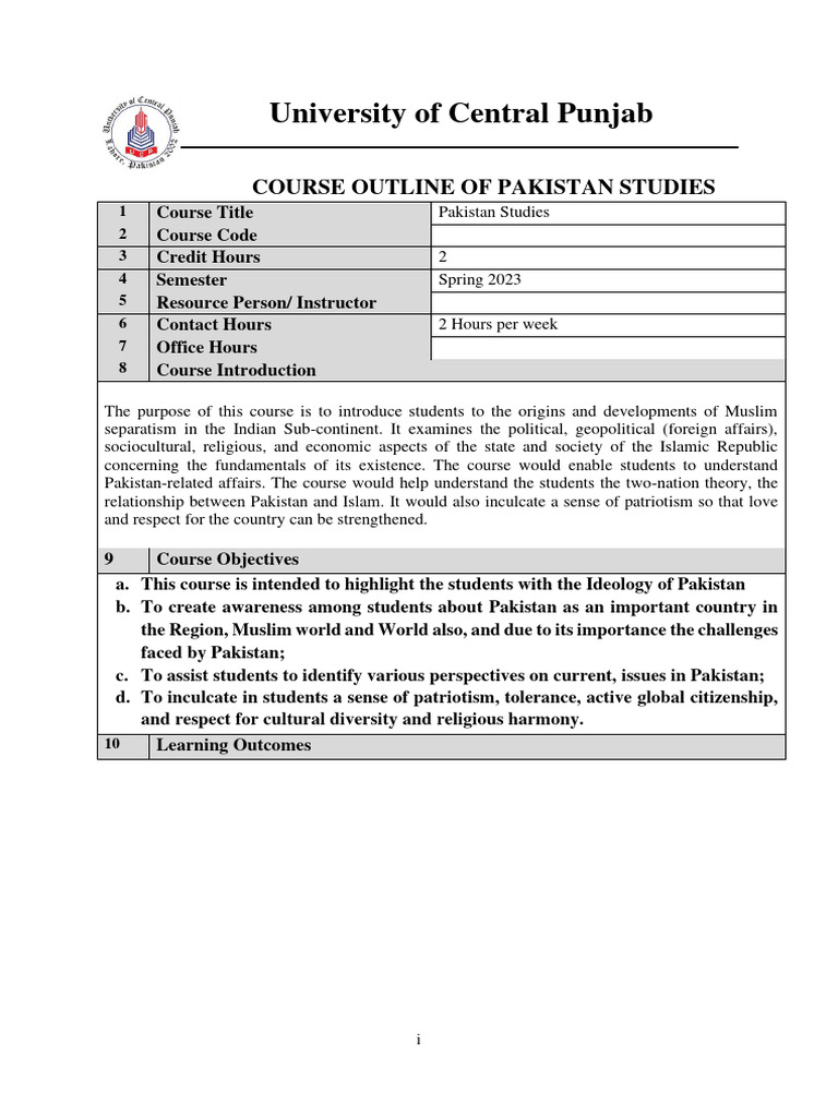 Course Outline Pakistan Studies | PDF | Pakistan | Muhammad Ali Jinnah