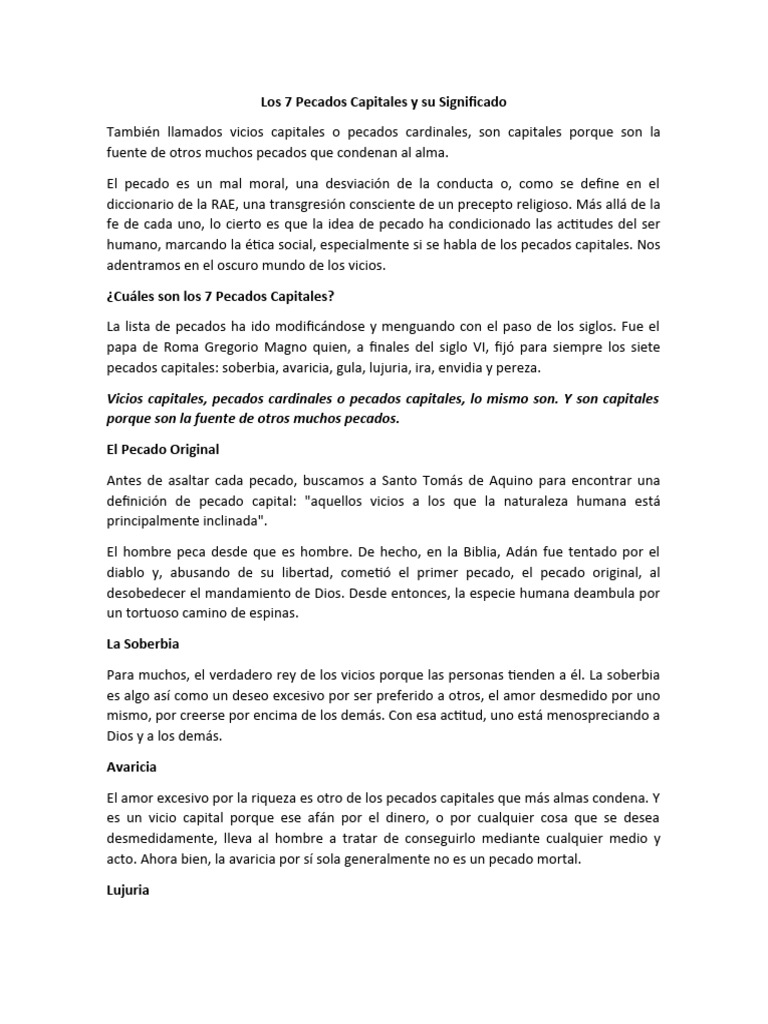 Los 7 Pecados Capitales y Su Significado | PDF | Siete pecados ...