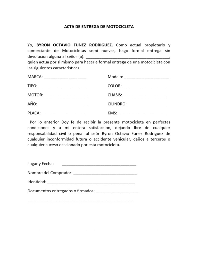 Acta de Entrega de Motocicleta | PDF