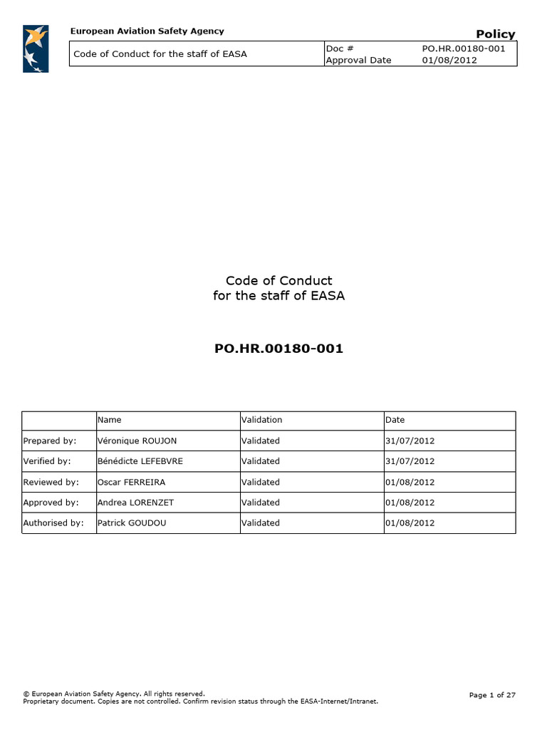 Docs Quality PO - hr.00180 Code of Conduct For The Staff of EASA | PDF ...