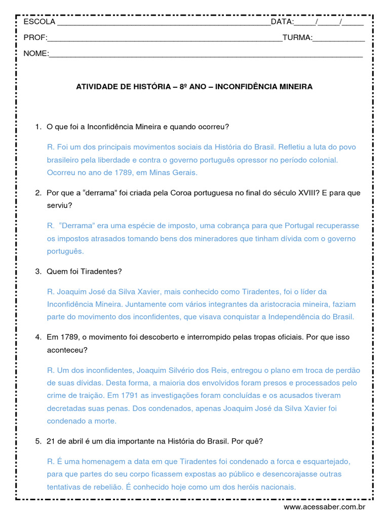 Atividade de Historia 8º Ano Inconfidencia Mineira Com Resposta | PDF