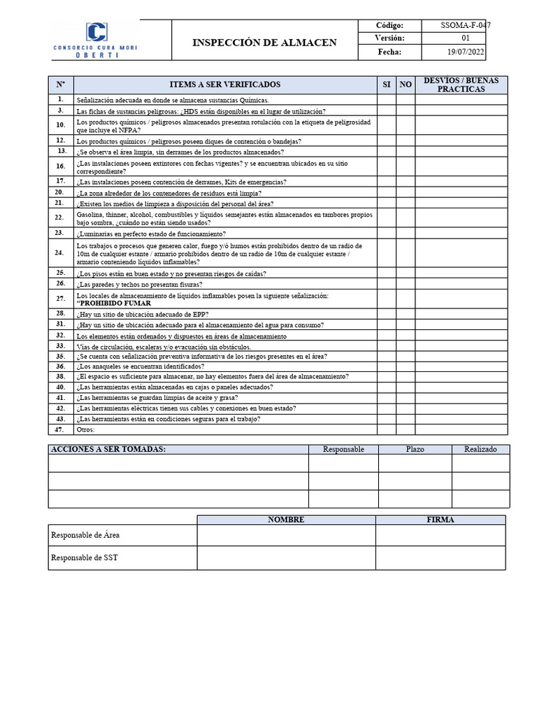 SSOMA-F-047 Inspección de Almacén | PDF