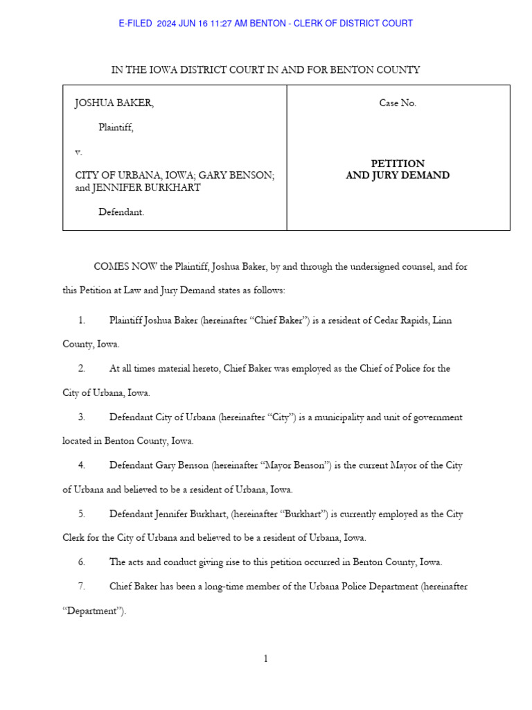 Urbana Police Chief Joshua Baker Suit Against City Gary Benson and