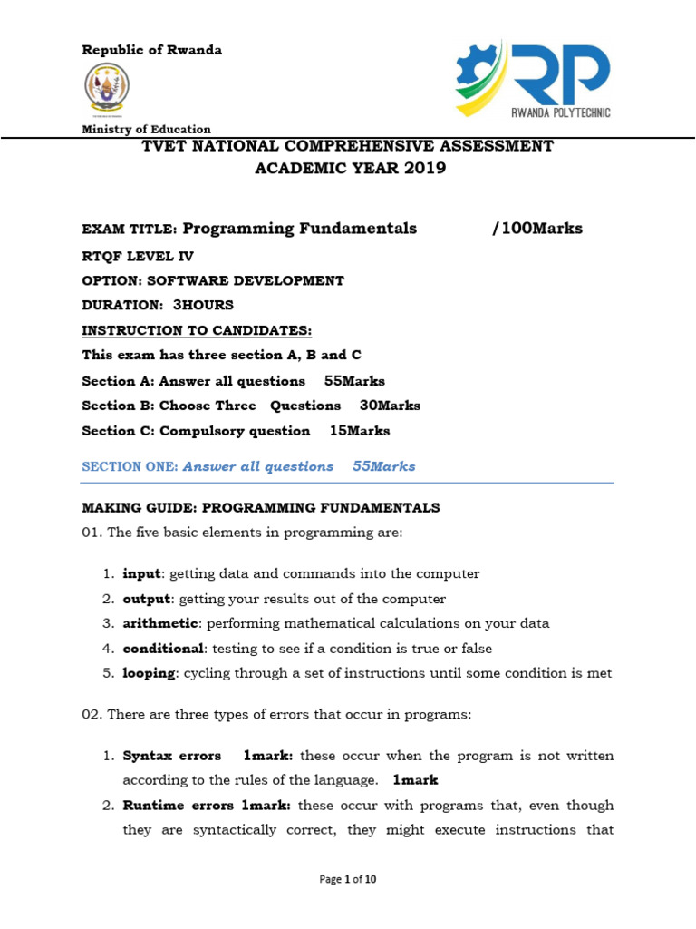Rwanda Tvet Programming Exam 2019 Pdf Computer Program Programming