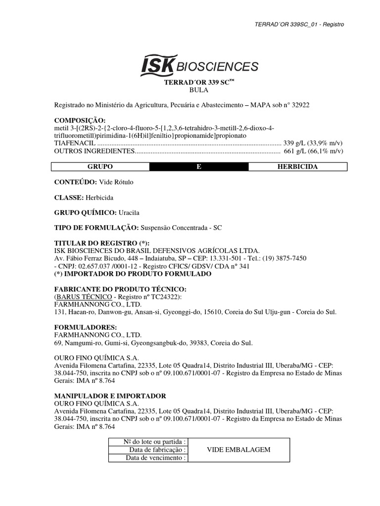 Bula do Herbicida Terrad'or 339 SC | PDF | Agricultura | Depressão