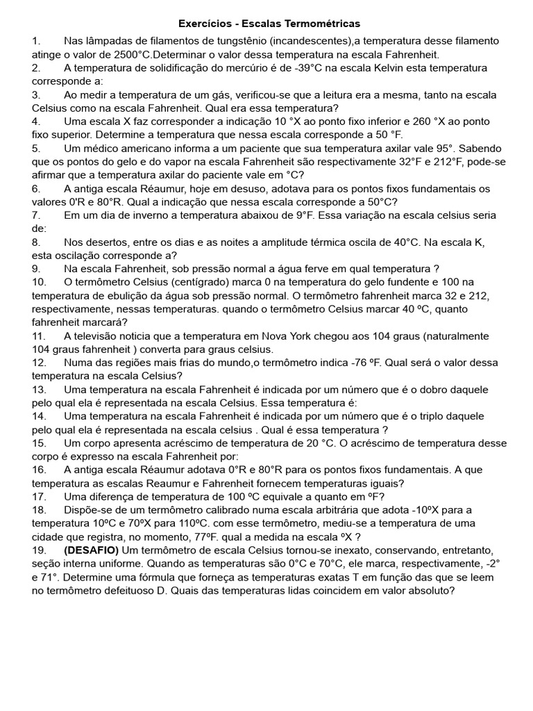 Exercícios - Escalas Termométricas | Download grátis PDF | Celsius ...