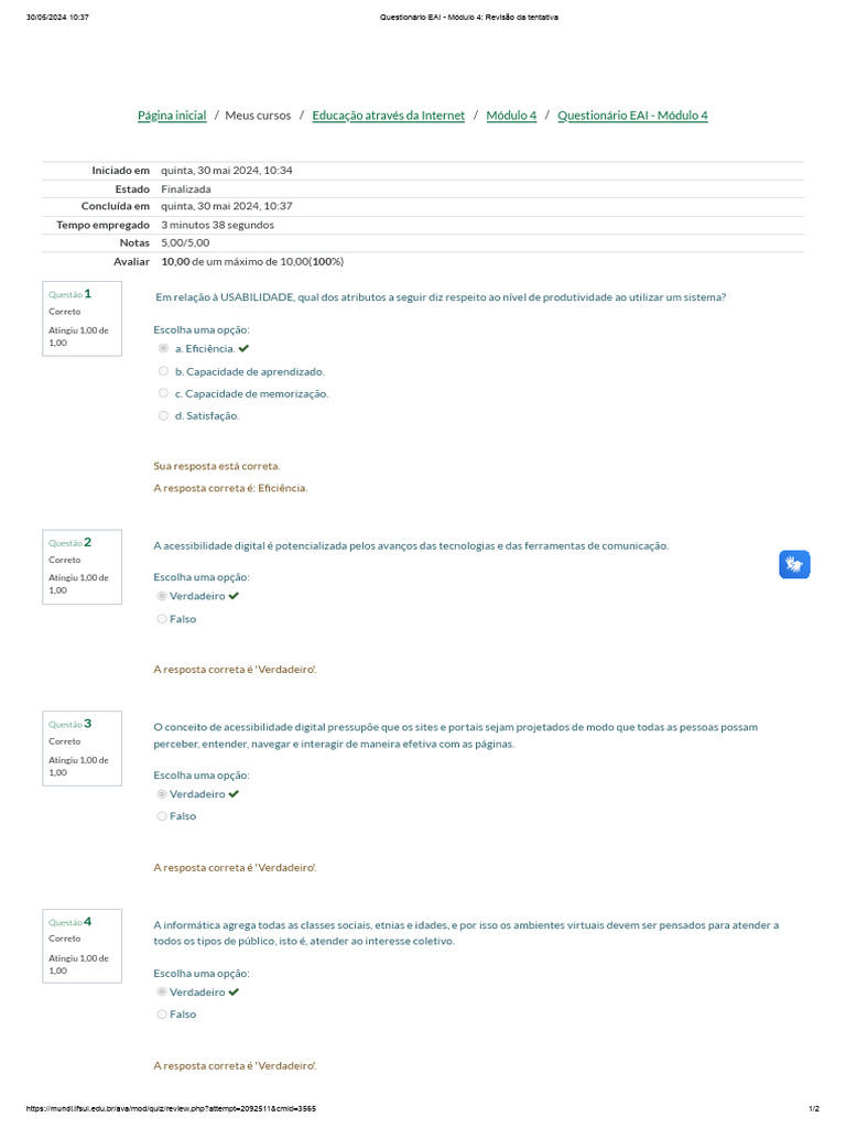 Revisão do Questionário EAI Módulo 4 | PDF | Acessibilidade | Usabilidade