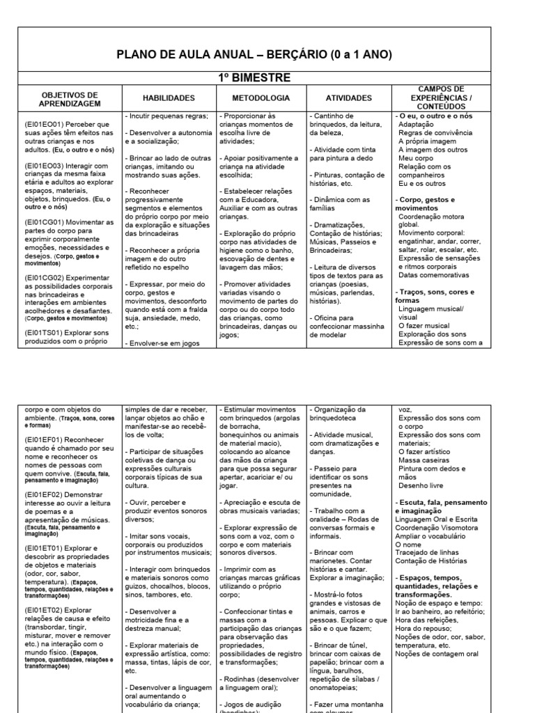 Plano Anual Berçário 0 a 1 Ano | PDF | Brinquedos | Som