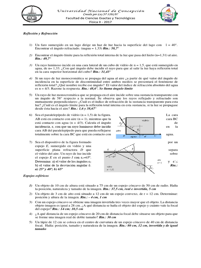 Ejercicios de Reflexión y Refracción en Física | PDF | Espejo ...