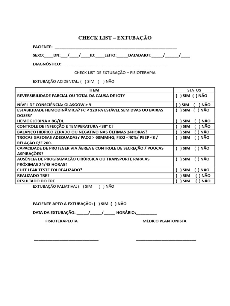 Checklist de Extubação em Fisioterapia | PDF