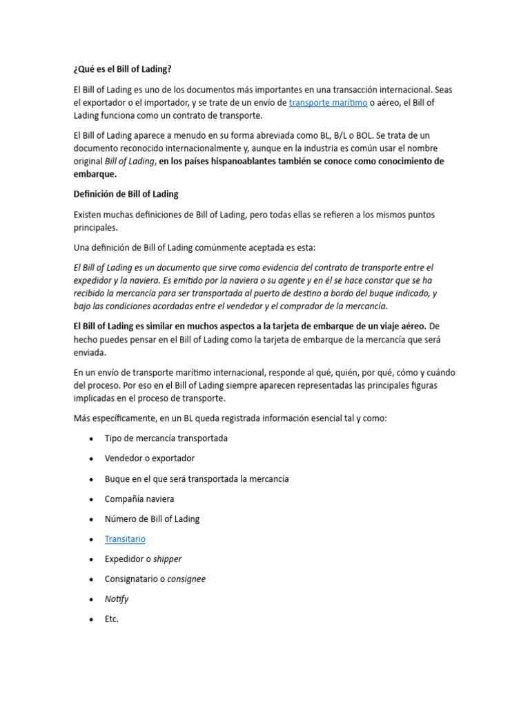 Qué Es El Bill Of Lading Pdf Transporte De Mercancías Gestión De