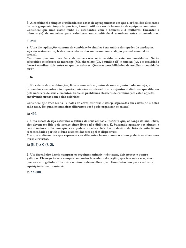Exercícios de Combinação Simples | PDF