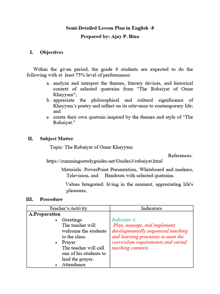 Ajay P. Bina Semi Detailed Lesson Plan | Download Free PDF | Omar ...