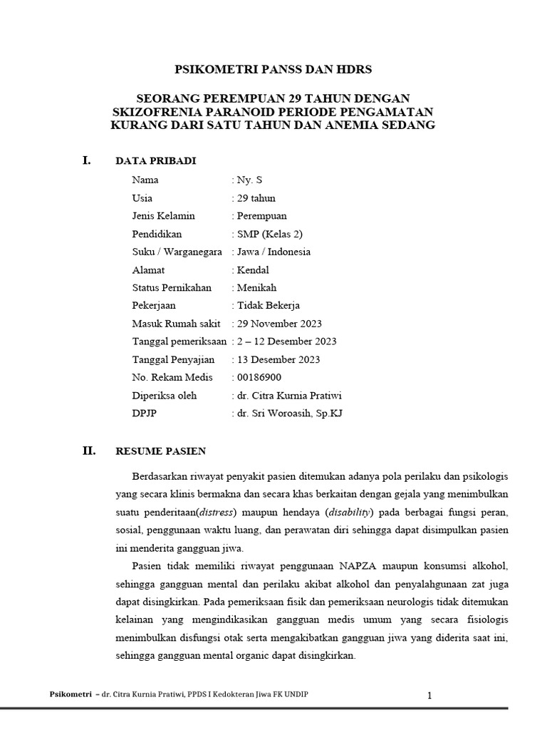 Psikometri Skizofrenia Paranoid Ny. S | PDF