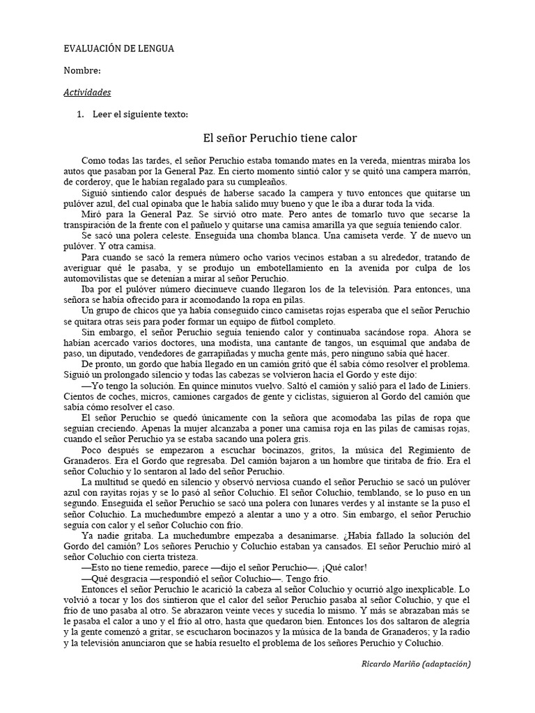 Evaluación de Lengua: Texto de Peruchio | PDF