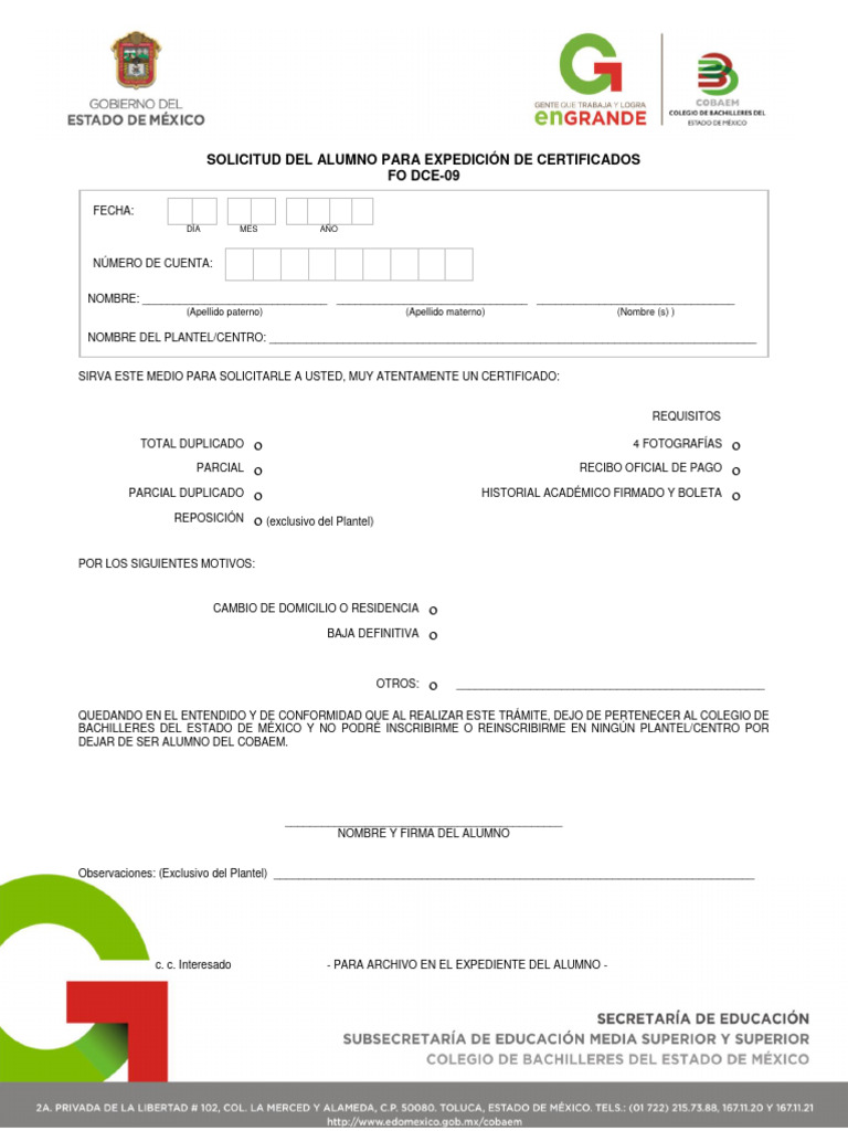 Solicitud de Certificado Escolar COBAEM | PDF