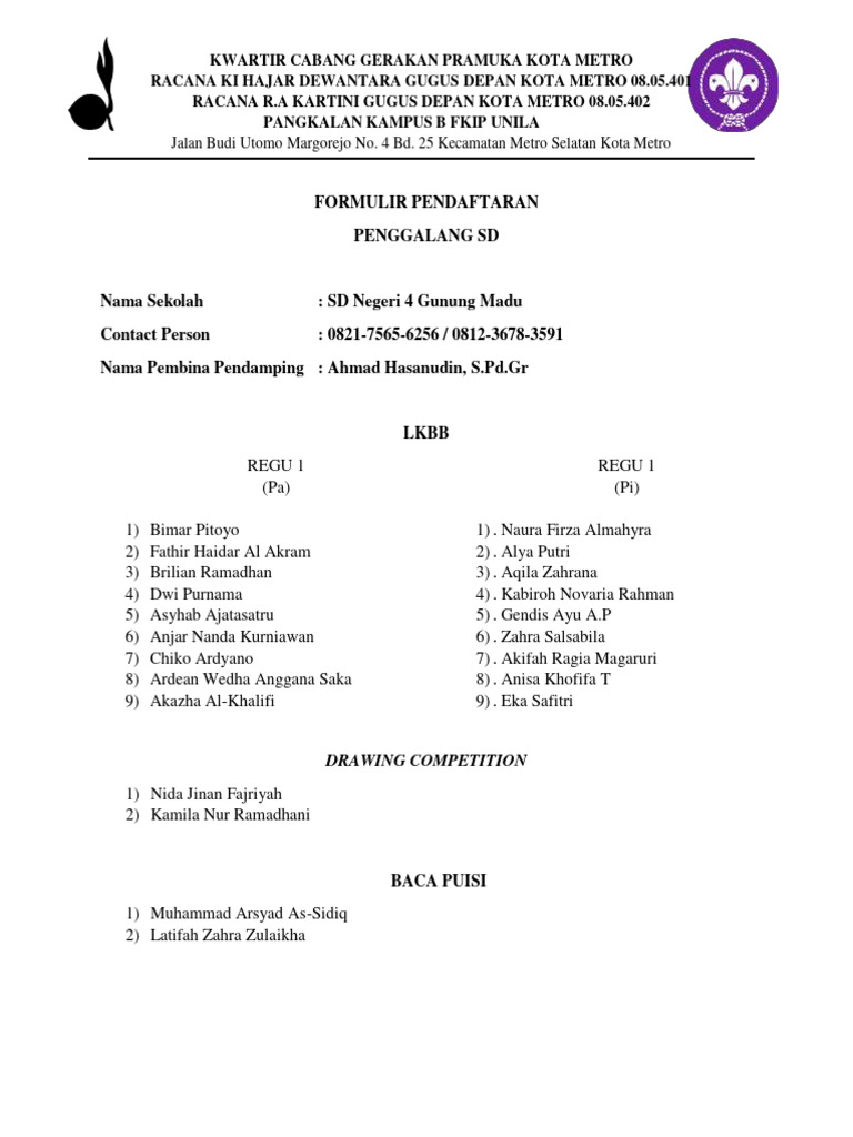 Pendaftaran Pramuka SD Gunung Madu | PDF