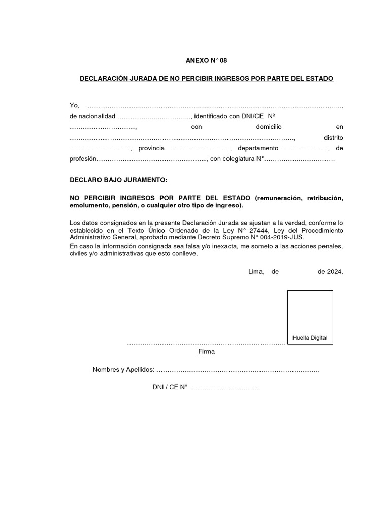 Declaración Jurada de No Ingresos Estatales | PDF