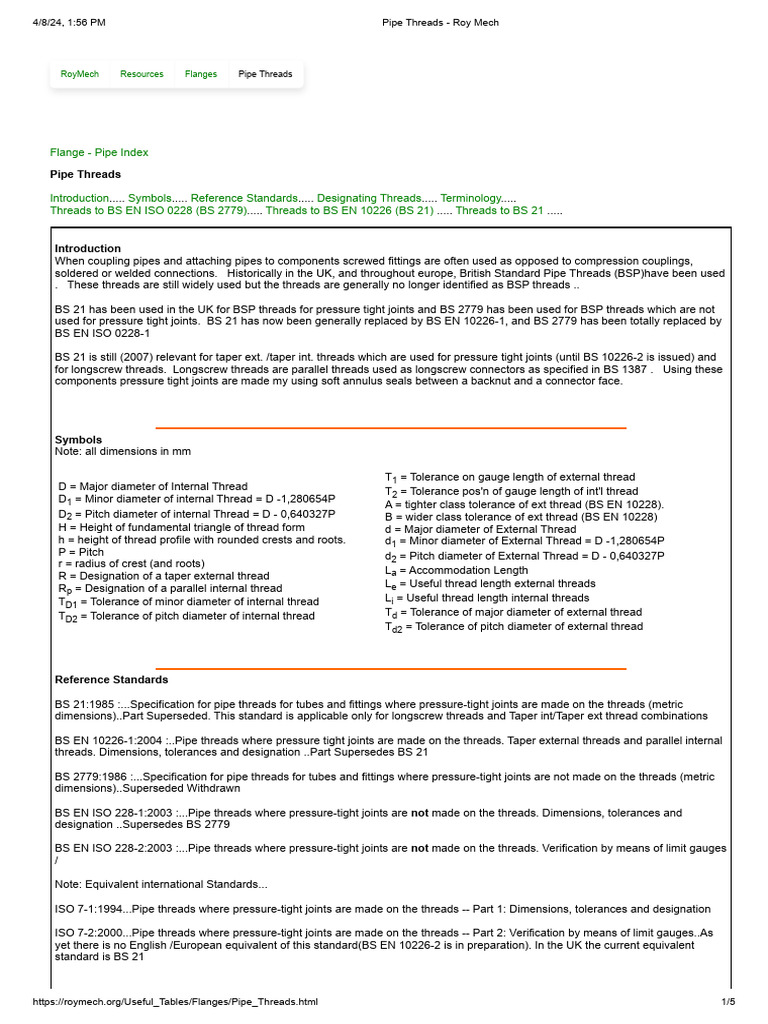 BSP Pipe Threads - Roy Mech | PDF | Pipe (Fluid Conveyance) | Plumbing