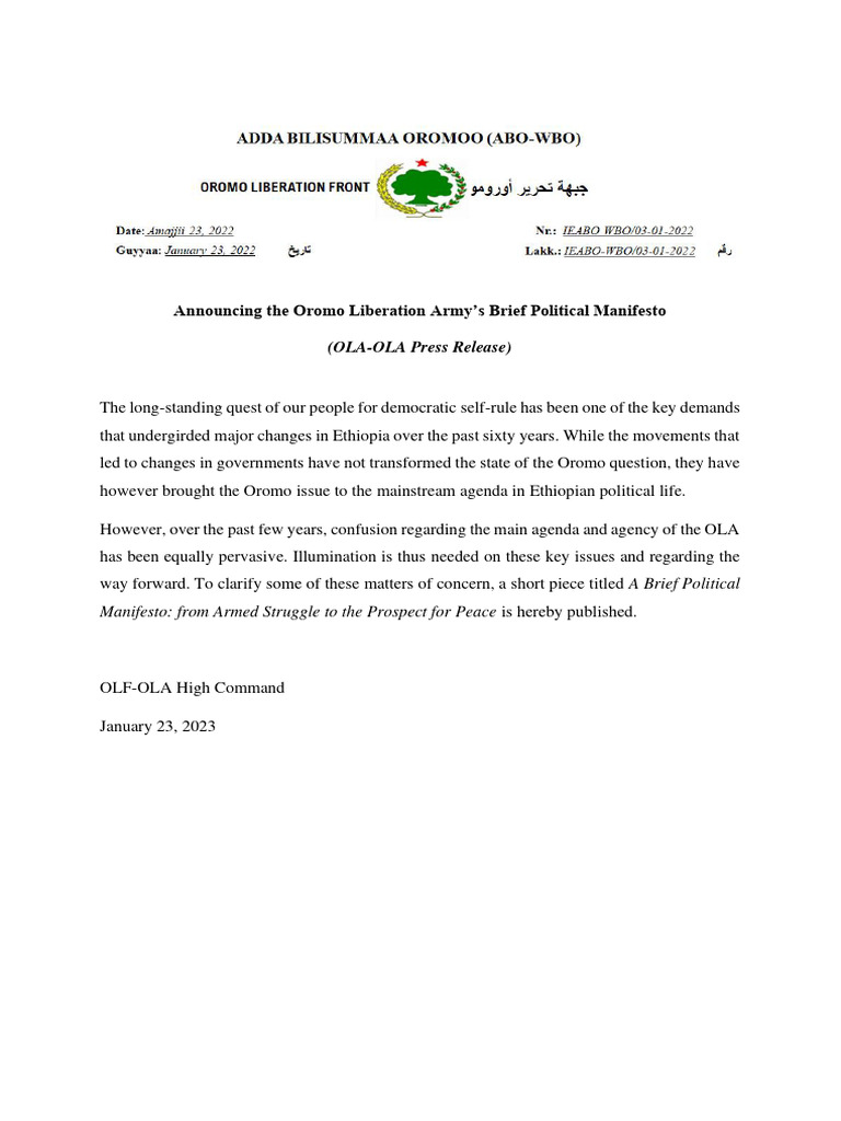 Announcing The Oromo Liberation Army's Brief Political Manifesto | PDF