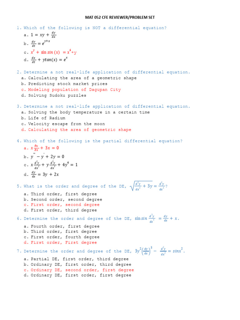 MAT 052 CFE Differential Equations Review | PDF | Calculus ...