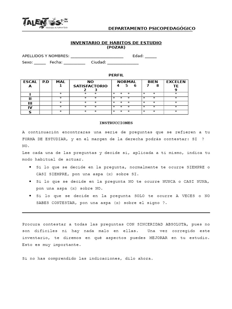 Inventario de Hábitos de Estudio | PDF | Crecimiento personal y ...