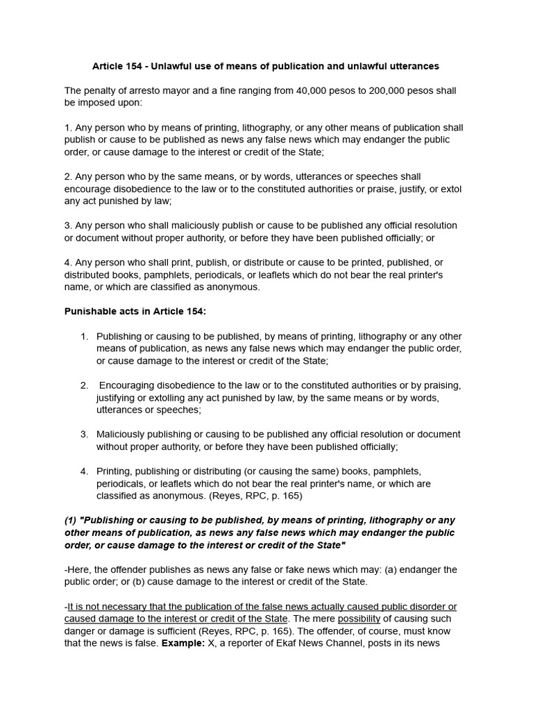 Article 154 unlawful use of means of publication and unlawful