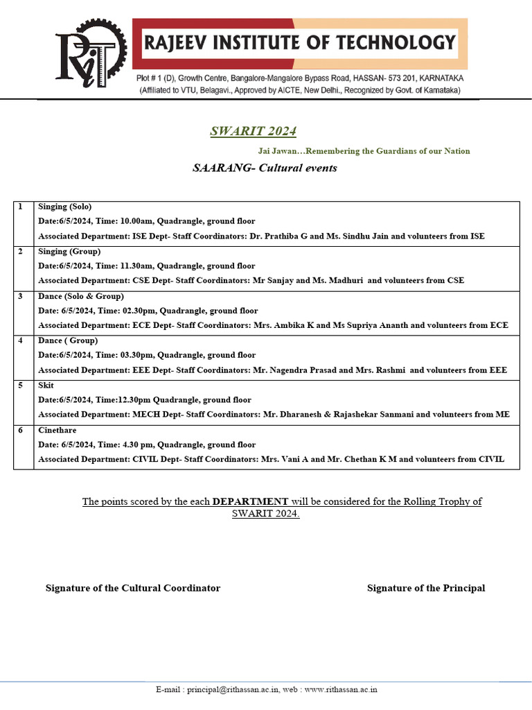 SWARIT 2024 Cultural Events Schedule | PDF | Entertainment | Performing ...
