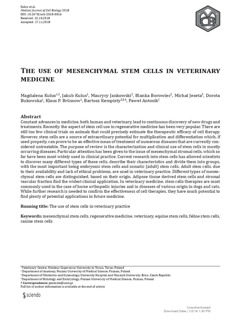 The Use of Mesenchymal Stem Cells in Veterinary Me | PDF | Stem Cell ...