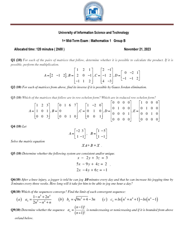 1th Mid-Term Maths 1 - B Group | PDF | Mathematical Concepts | Applied ...